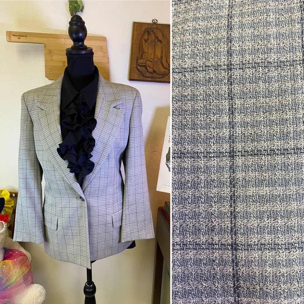 H&W 100% Worsted Wool Grey Plaid Blazer Academia Old Money Preppy Tailored Sz 10